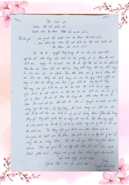 NHỮNG LỜI TRI ÂN ẤM ÁP GỬI TỚI KHOA HỒI SỨC TÍCH CỰC  – BỆNH VIỆN ĐA KHOA BẮC NINH SỐ 2 “Khi sự tận tâm hóa thành niềm hy vọng cho sự sống”